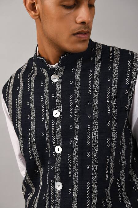 Countrymade_Black Cotton Silk Embroidered Nehru Jacket_at_Aza_Fashions