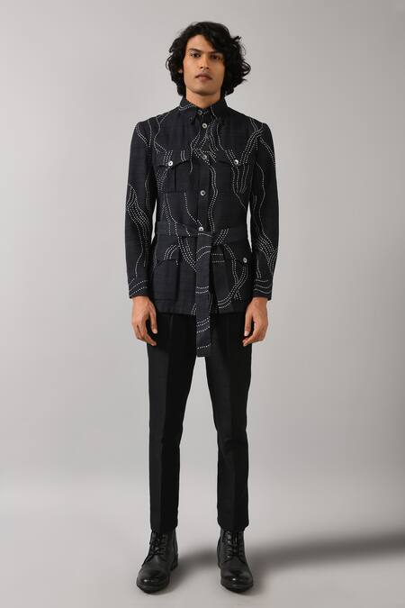 Countrymade_Blue Handloom Cotton Silk Safari Jacket_Online_at_Aza_Fashions