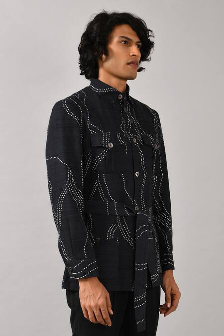 Buy_Countrymade_Blue Handloom Cotton Silk Safari Jacket_Online_at_Aza_Fashions