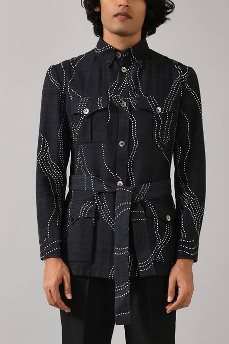 Countrymade_Blue Handloom Cotton Silk Safari Jacket_at_Aza_Fashions