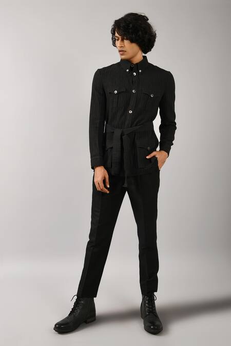 Countrymade_Black Linen Cotton Safari Jacket_Online_at_Aza_Fashions