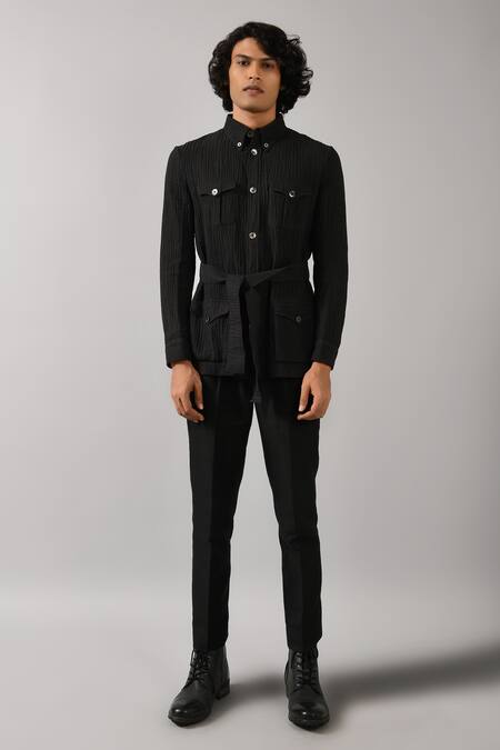 Shop_Countrymade_Black Linen Cotton Safari Jacket_Online_at_Aza_Fashions