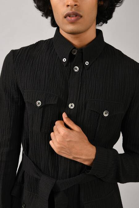 Countrymade_Black Linen Cotton Safari Jacket_at_Aza_Fashions