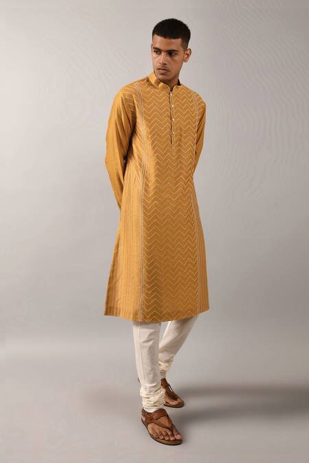 Countrymade_Yellow Cotton, Chanderi Kurta Set_Online_at_Aza_Fashions