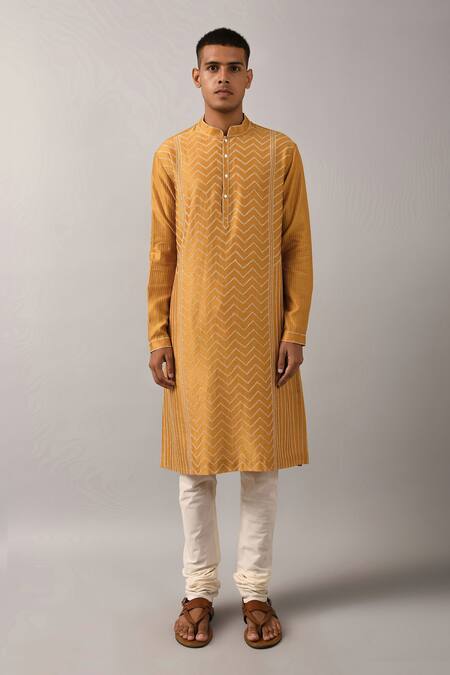 Shop_Countrymade_Yellow Cotton, Chanderi Kurta Set_Online_at_Aza_Fashions