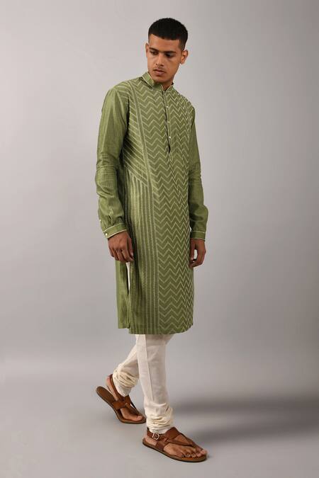 Countrymade_Green Cotton, Chanderi Kurta Set_Online_at_Aza_Fashions