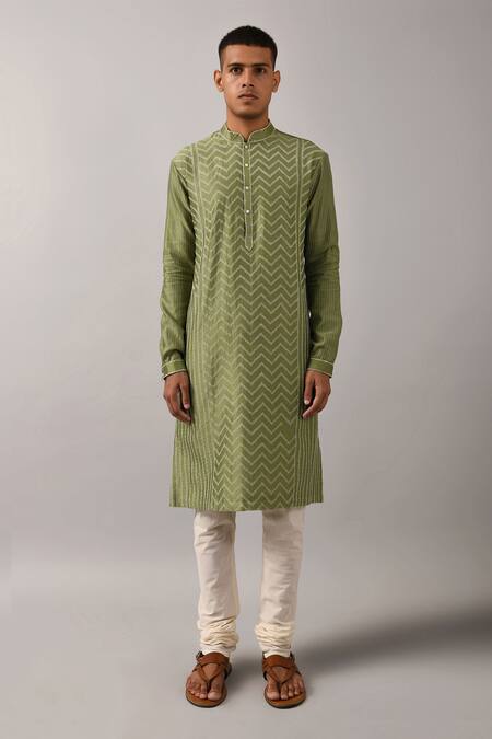 Shop_Countrymade_Green Cotton, Chanderi Kurta Set_Online_at_Aza_Fashions