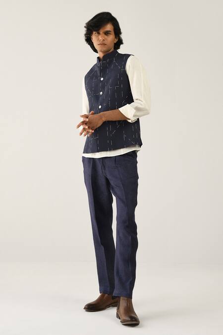 Countrymade_Blue Linen Cotton Embroidered Bundi_Online_at_Aza_Fashions