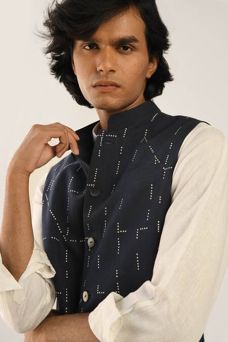 Buy_Countrymade_Blue Linen Cotton Embroidered Bundi_Online_at_Aza_Fashions