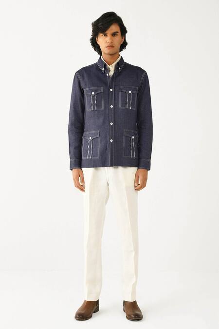 Countrymade_Blue Linen Utility Jacket_Online_at_Aza_Fashions