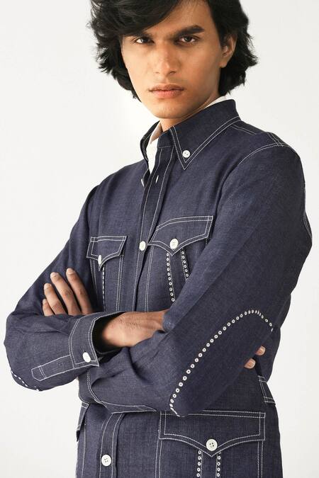 Countrymade_Blue Linen Utility Jacket_at_Aza_Fashions