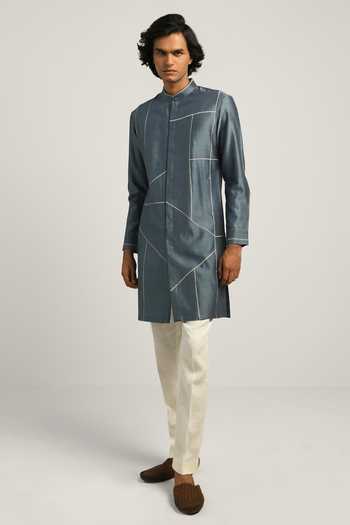 Shop_Countrymade_Blue Chanderi Embroidered Kurta_Online_at_Aza_Fashions
