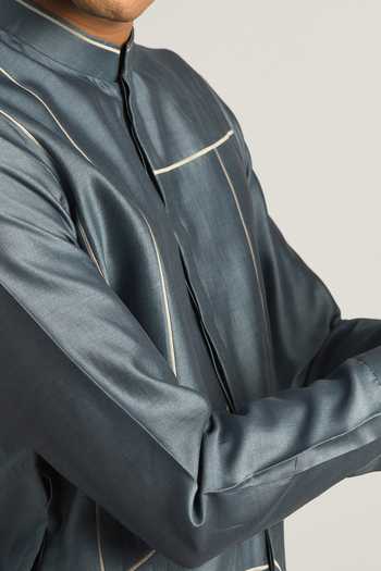 Countrymade_Blue Chanderi Embroidered Kurta_at_Aza_Fashions
