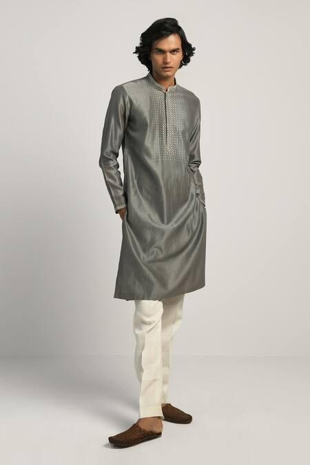 Countrymade_Grey Chanderi Embroidered Kurta_Online_at_Aza_Fashions