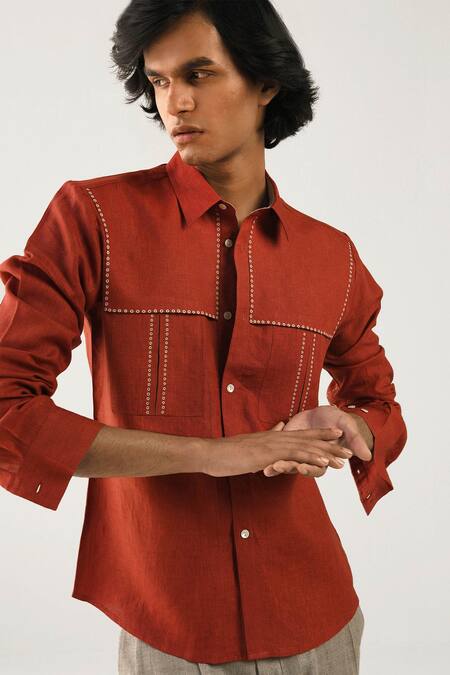 Countrymade_Maroon Linen Embroidered Shirt_Online_at_Aza_Fashions