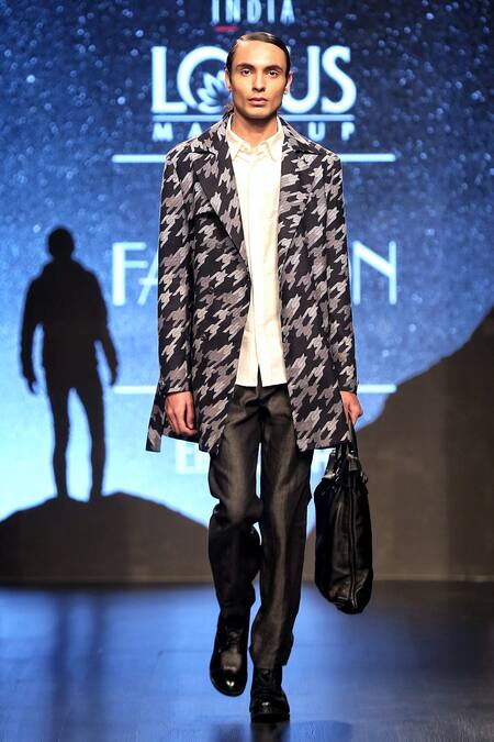 Countrymade_Blue Handloom Cotton Silk Printed Double Breasted Jacket_Online_at_Aza_Fashions