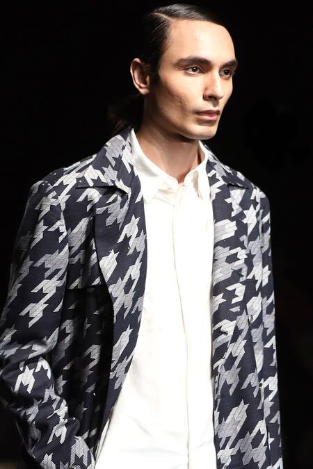 Buy_Countrymade_Blue Handloom Cotton Silk Printed Double Breasted Jacket_Online_at_Aza_Fashions