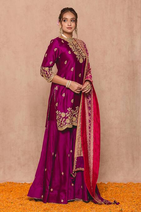 Buy_Surbhi Shah_Pink And Silk Lining Pure Embroidery & Kurta Sharara Set  _Online_at_Aza_Fashions