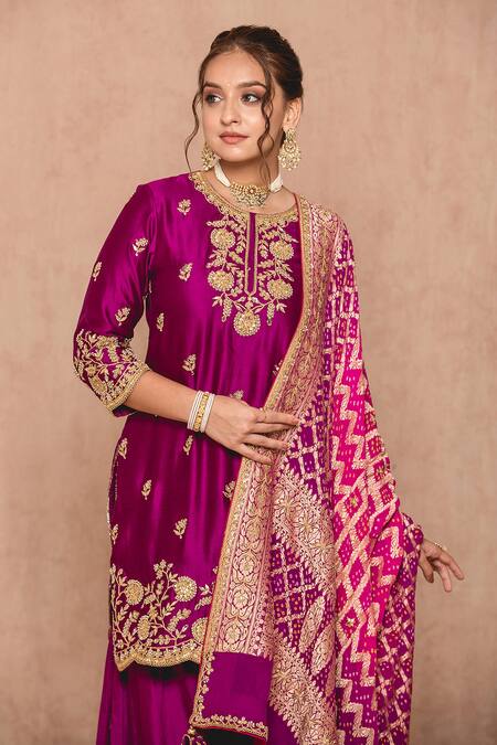 Shop_Surbhi Shah_Pink And Silk Lining Pure Embroidery & Kurta Sharara Set  _Online_at_Aza_Fashions