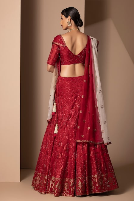 Shop Chhaya Mehrotra Red Silk Organza V Neck Bridal Lehenga Set at Aza Fashions Shop_Chhaya Mehrotra_Red Silk Organza V Neck Bridal Lehenga Set _at_Aza_Fashions