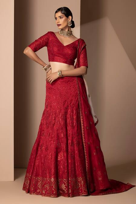 Buy Chhaya Mehrotra Red Silk Organza V Neck Bridal Lehenga Set Online at Aza Fashions Buy_Chhaya Mehrotra_Red Silk Organza V Neck Bridal Lehenga Set _Online_at_Aza_Fashions