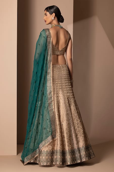 Shop Chhaya Mehrotra Gold Metallic Organza V Neck Lehenga Set at Aza Fashions Shop_Chhaya Mehrotra_Gold Metallic Organza V Neck Lehenga Set _at_Aza_Fashions