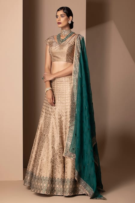 Chhaya Mehrotra Gold Metallic Organza V Neck Lehenga Set Online at Aza Fashions Chhaya Mehrotra_Gold Metallic Organza V Neck Lehenga Set _Online_at_Aza_Fashions