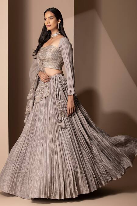 Chhaya Mehrotra Grey Pure Habutai Silk Sweetheart Neck Crushed Lehenga Set Online at Aza Fashions Chhaya Mehrotra_Grey Pure Habutai Silk Sweetheart Neck Crushed Lehenga Set _Online_at_Aza_Fashions