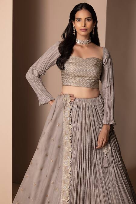 Buy Chhaya Mehrotra Grey Pure Habutai Silk Sweetheart Neck Crushed Lehenga Set Online at Aza Fashions Buy_Chhaya Mehrotra_Grey Pure Habutai Silk Sweetheart Neck Crushed Lehenga Set _Online_at_Aza_Fashions
