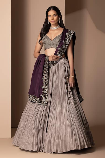 Chhaya Mehrotra Grey Pure Habutai Silk Embroidery V Neck Crushed Lehenga Set 