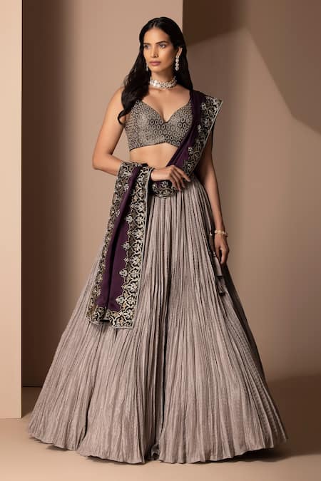 Chhaya Mehrotra_Grey Pure Habutai , Satin V Neck Crushed Lehenga Set _Online_at_Aza_Fashions