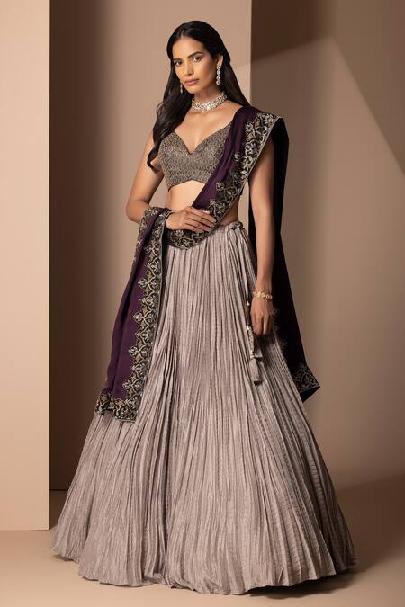Buy_Chhaya Mehrotra_Grey Pure Habutai , Satin V Neck Crushed Lehenga Set _Online_at_Aza_Fashions