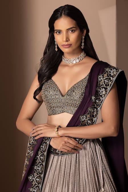 Shop_Chhaya Mehrotra_Grey Pure Habutai , Satin V Neck Crushed Lehenga Set _Online_at_Aza_Fashions