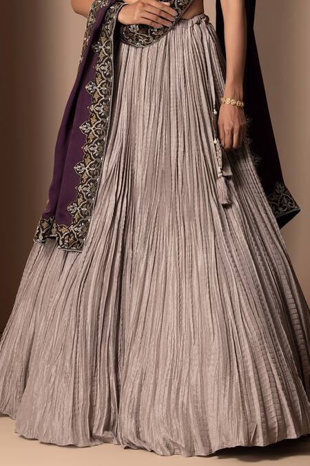 Chhaya Mehrotra_Grey Pure Habutai , Satin V Neck Crushed Lehenga Set _at_Aza_Fashions