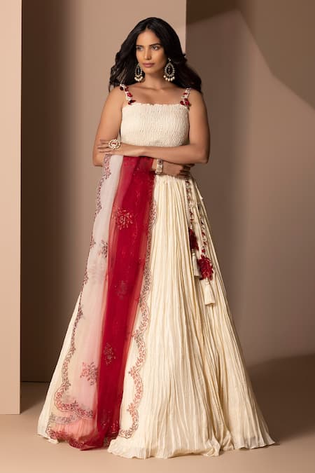 Buy Chhaya Mehrotra White Pure Habutai Silk Square Neck Crushed Lehenga Set Online at Aza Fashions Buy_Chhaya Mehrotra_White Pure Habutai Silk Square Neck Crushed Lehenga Set _Online_at_Aza_Fashions