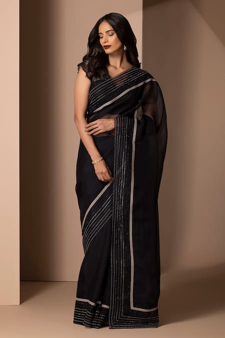 Shop Chhaya Mehrotra Black Organza V Neck Saree With Blouse at Aza Fashions Shop_Chhaya Mehrotra_Black Organza V Neck Saree With Blouse _at_Aza_Fashions