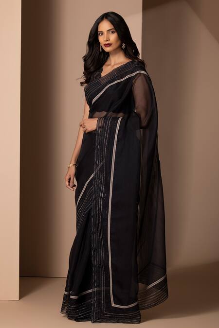 Chhaya Mehrotra Black Organza V Neck Saree With Blouse Online at Aza Fashions Chhaya Mehrotra_Black Organza V Neck Saree With Blouse _Online_at_Aza_Fashions