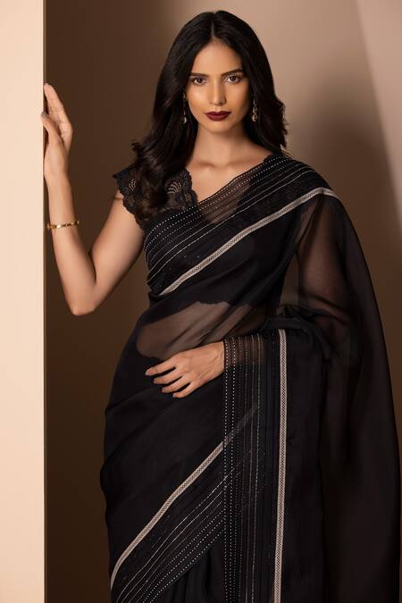 Buy Chhaya Mehrotra Black Organza V Neck Saree With Blouse Online at Aza Fashions Buy_Chhaya Mehrotra_Black Organza V Neck Saree With Blouse _Online_at_Aza_Fashions