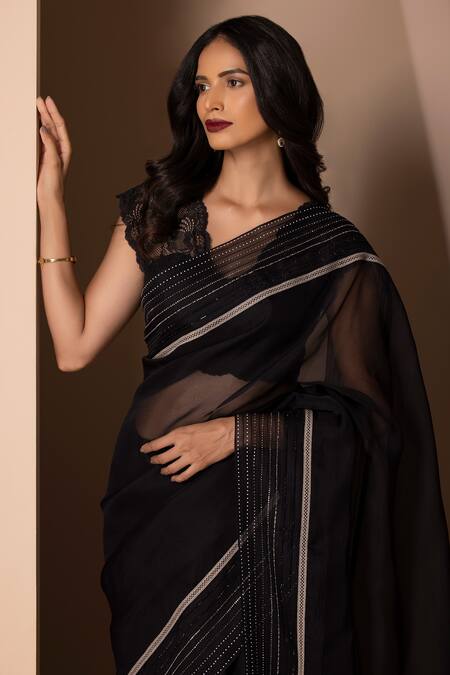 Shop Chhaya Mehrotra Black Organza V Neck Saree With Blouse Online at Aza Fashions Shop_Chhaya Mehrotra_Black Organza V Neck Saree With Blouse _Online_at_Aza_Fashions