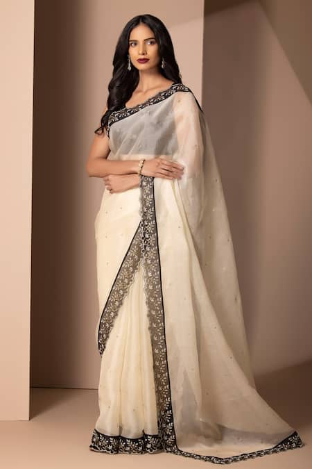 Chhaya Mehrotra_White Soft Silk Organza V Neck Embellished Saree With Blouse _Online_at_Aza_Fashions