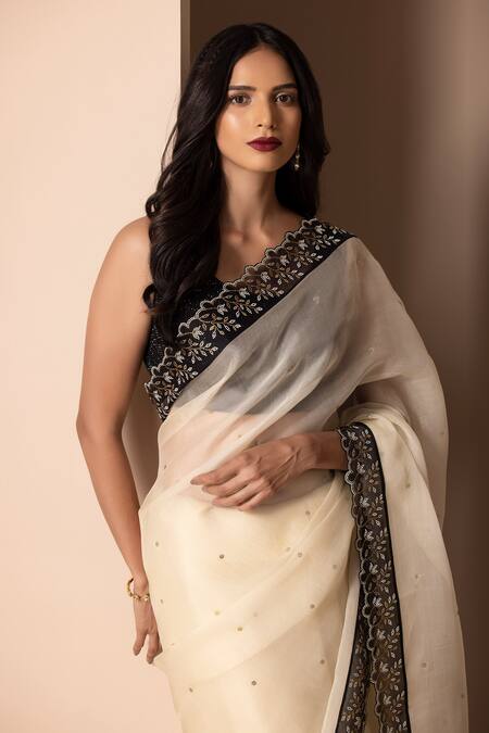 Shop_Chhaya Mehrotra_White Soft Silk Organza V Neck Embellished Saree With Blouse _Online_at_Aza_Fashions