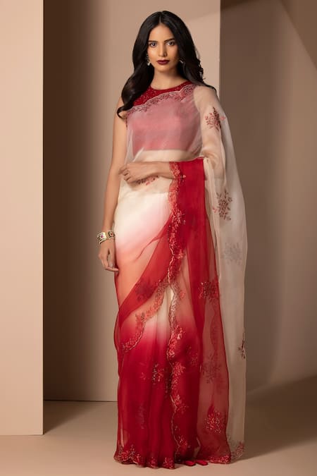 Buy Off White Semi Crepe Embroidered Mirror Pre-stitched Saree With Blouse  For Women by Esha Koul Online at Aza Fashions.