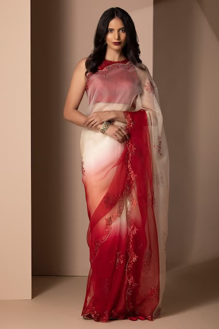 Chhaya Mehrotra Red Soft Silk Organza Round Embellished Saree With Blouse Online at Aza Fashions Chhaya Mehrotra_Red Soft Silk Organza Round Embellished Saree With Blouse _Online_at_Aza_Fashions