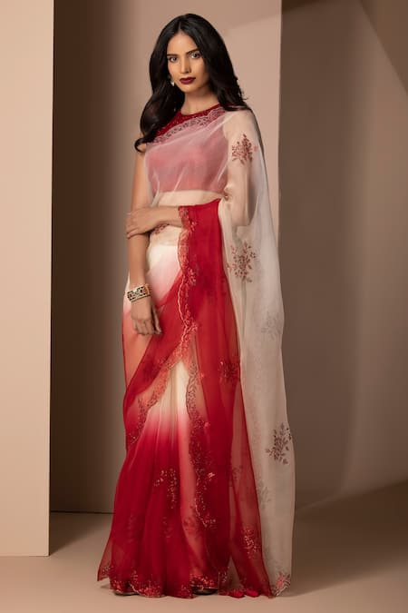 Buy Chhaya Mehrotra Red Soft Silk Organza Round Embellished Saree With Blouse Online at Aza Fashions Buy_Chhaya Mehrotra_Red Soft Silk Organza Round Embellished Saree With Blouse _Online_at_Aza_Fashions