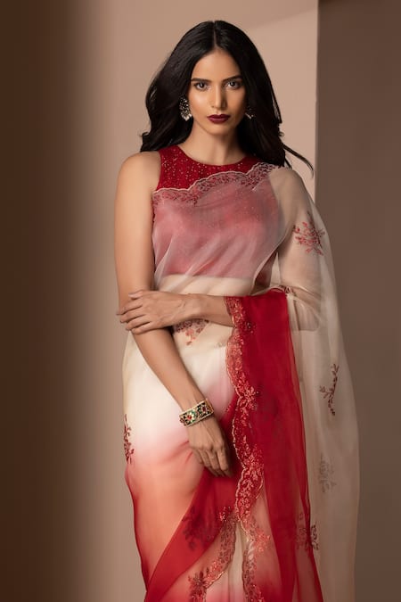Shop Chhaya Mehrotra Red Soft Silk Organza Round Embellished Saree With Blouse Online at Aza Fashions Shop_Chhaya Mehrotra_Red Soft Silk Organza Round Embellished Saree With Blouse _Online_at_Aza_Fashions