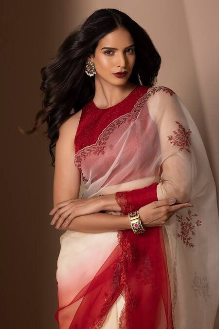 Chhaya Mehrotra Red Soft Silk Organza Round Embellished Saree With Blouse at Aza Fashions Chhaya Mehrotra_Red Soft Silk Organza Round Embellished Saree With Blouse _at_Aza_Fashions