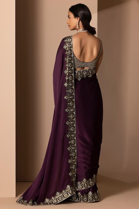 Shop Chhaya Mehrotra Purple Silk Satin Saree With Blouse at Aza Fashions Shop_Chhaya Mehrotra_Purple Silk Satin Saree With Blouse _at_Aza_Fashions