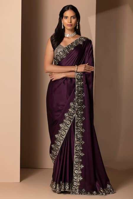 Chhaya Mehrotra Purple Silk Satin Saree With Blouse Online at Aza Fashions Chhaya Mehrotra_Purple Silk Satin Saree With Blouse _Online_at_Aza_Fashions