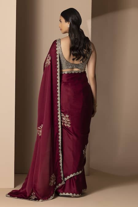 Shop Chhaya Mehrotra Maroon Silk Satin Saree With Blouse at Aza Fashions Shop_Chhaya Mehrotra_Maroon Silk Satin Saree With Blouse _at_Aza_Fashions