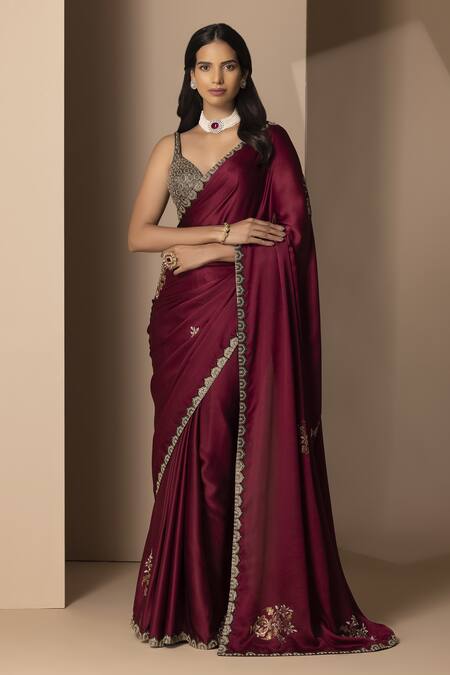 Chhaya Mehrotra Maroon Silk Satin Saree With Blouse Online at Aza Fashions Chhaya Mehrotra_Maroon Silk Satin Saree With Blouse _Online_at_Aza_Fashions